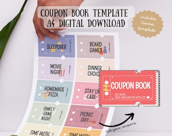 Editable coupon book for kids canva template printable reward card multi color coupon printable gift for kids reward coupons template