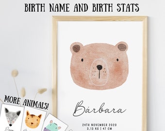 Baby Name Baby Birth Stats Birth Details Print Birth watercolor Animal Baby Announcement Newborn Birth Stats Personalized Nursery crib sign