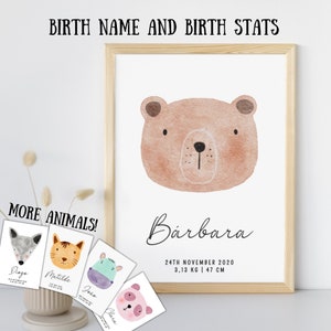 Baby Name Baby Birth Stats Birth Details Print Birth watercolor Animal Baby Announcement Newborn Birth Stats Personalized Nursery crib sign
