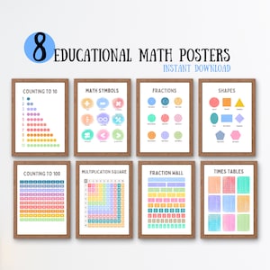 Mathe Lernposter mit 8 Punkten Kinder Multiplikation Quadrat Poster Mathe Symbole Zählen bis 100 Lernwandkunst Digitaler Download