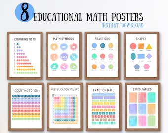 Math set of 8 educational posters kids multiplication square poster math symbols Count to 100 Educational Wall Art Digital Download