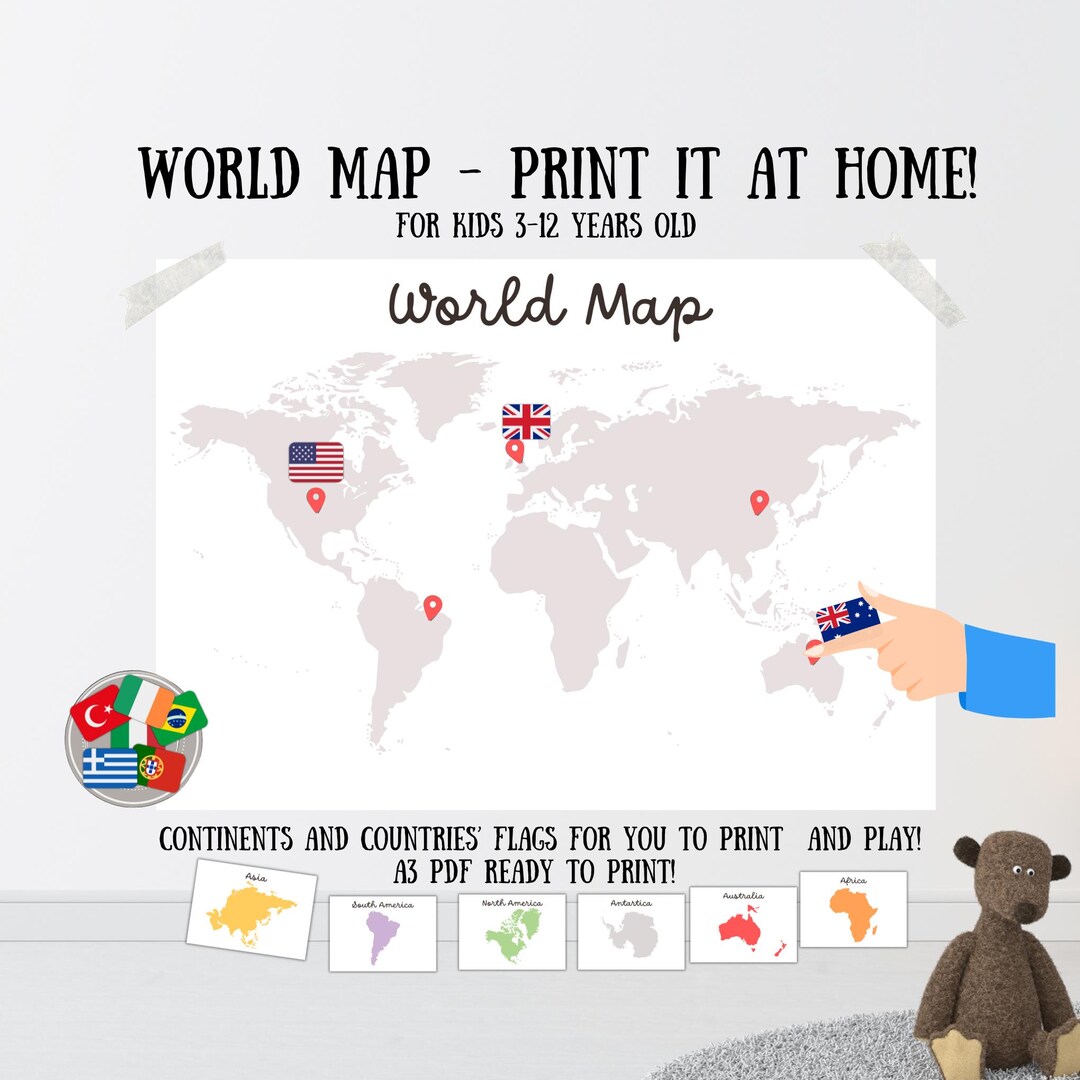 World Map Kids Printable Game Map Continents World Map Poster Continents Kids Map Push Pin ...