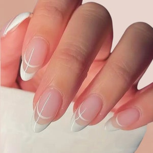 24pcs Glossy Medium Almond Shape White French Tip Press On Nails