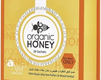 Organic Natural Honey infused with Natural Jelly, Honey Bee Pollen 100% mixed natural herbs for Men Large Pack of 24 Sachets 10 grams each