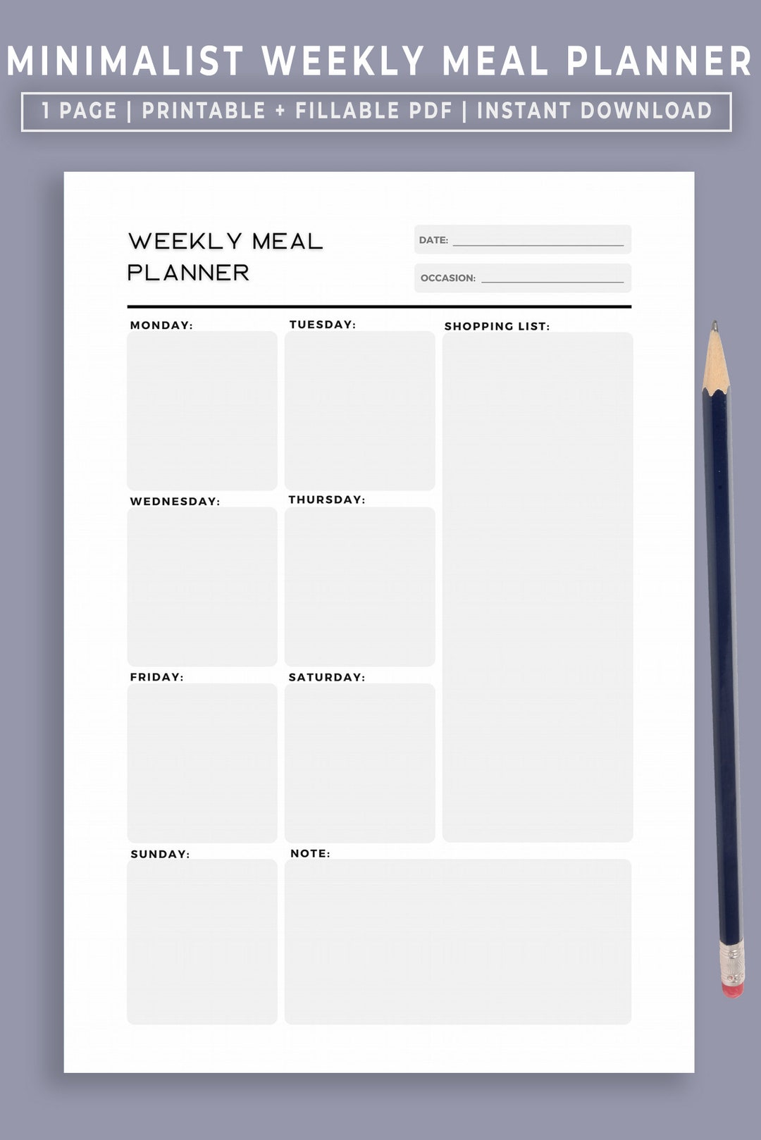 Minimalist Weekly Meal Planner Printable Versatile Undated Productivity ...