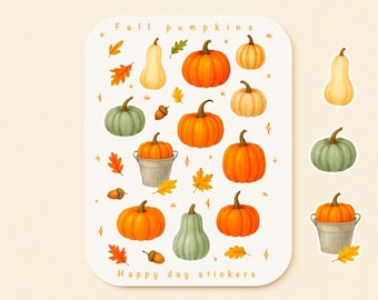 May include: A sticker sheet featuring watercolor illustrations of pumpkins in various shapes and colors, including orange, green, and cream. The sheet also includes fall leaves, acorns, and the text "Fall pumpkins" and "Happy day stickers".
