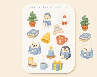 May include: A sheet of winter-themed stickers with illustrations of a snowman, polar bear, penguin, Christmas tree, books, and a gift box. The stickers have a watercolor style and the text "happy day stickers" is at the top.