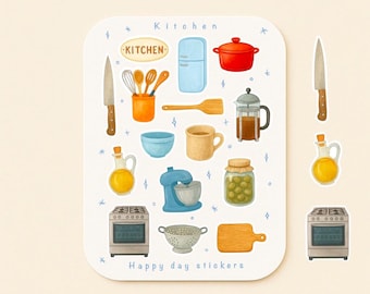 May include: A sheet of kitchen-themed stickers featuring illustrations of a red pot, a blue refrigerator, a mixer, a stove, and other cooking utensils. The text "Kitchen" and "Happy day stickers" are also included.