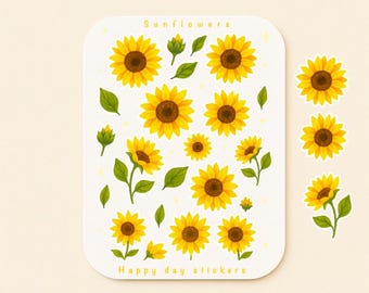 Peut inclure: Planche d'autocollants de tournesols avec des pétales jaunes et des centres bruns, ainsi que des feuilles et des tiges vertes. Le texte "Sunflowers" et "Happy day stickers" est imprimé.