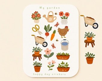 May include: A sheet of garden-themed stickers with illustrations of plants, gardening tools, and a chicken. The stickers include a watering can, wheelbarrows, flowers, and the text "My garden" and "happy day stickers".