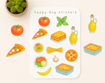 Puede incluir: Una hoja de pegatinas con una variedad de ilustraciones de comida italiana, incluyendo pizza, lasaña, espaguetis, tomates, ajo y aceite de oliva. Las pegatinas están sobre un fondo blanco y tienen el texto "happy day stickers" en la parte superior.
