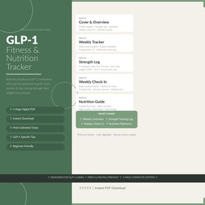 Puede incluir: Un rastreador digital PDF de fitness y nutrición con un diseño verde y blanco. El rastreador incluye secciones para el seguimiento semanal, registros de fuerza y guías de nutrición. El texto en el rastreador incluye "GLP-1 Fitness & Nutrition Tracker."