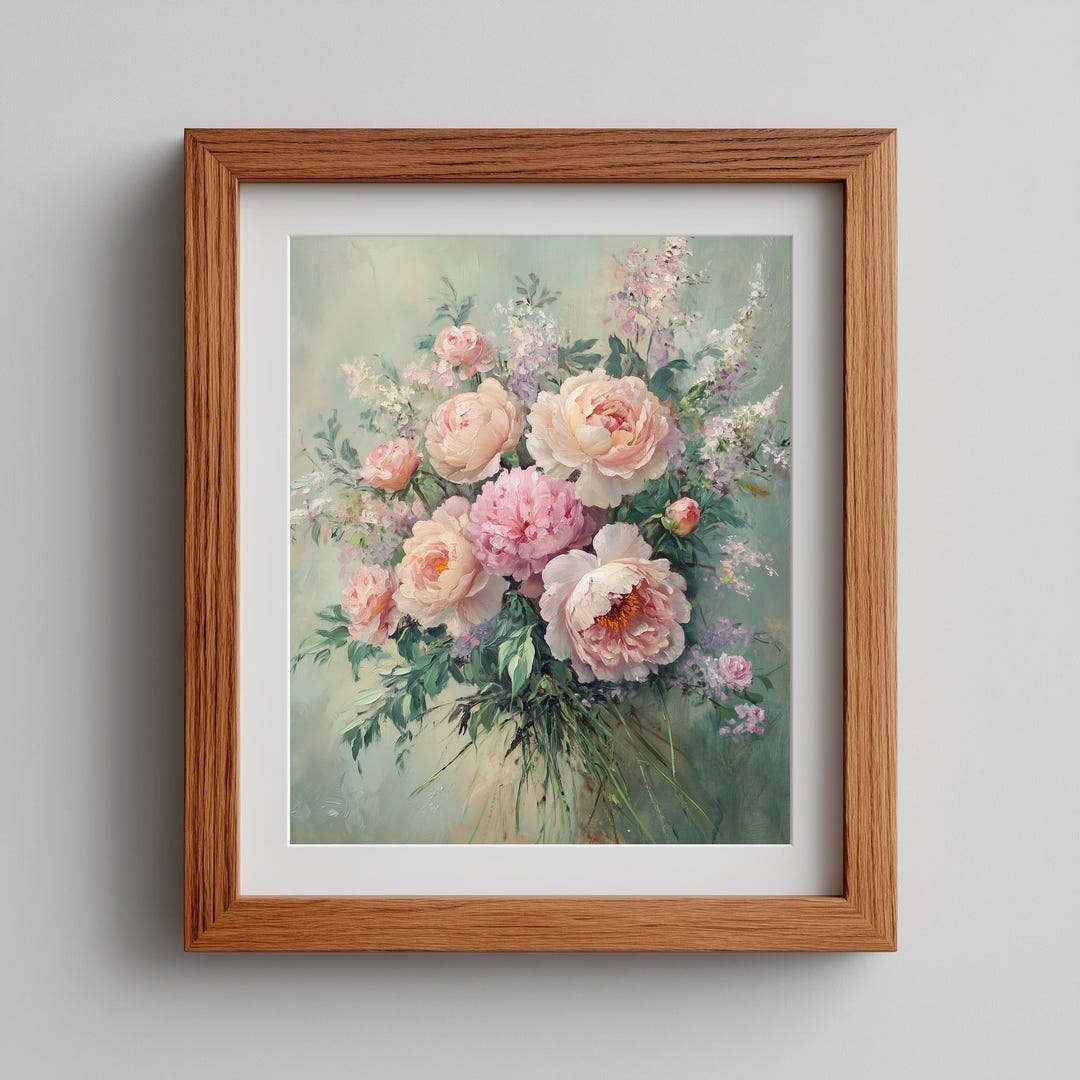 Peonies & Roses Floral Print - Vintage Cottagecore Wall Art (digital ...