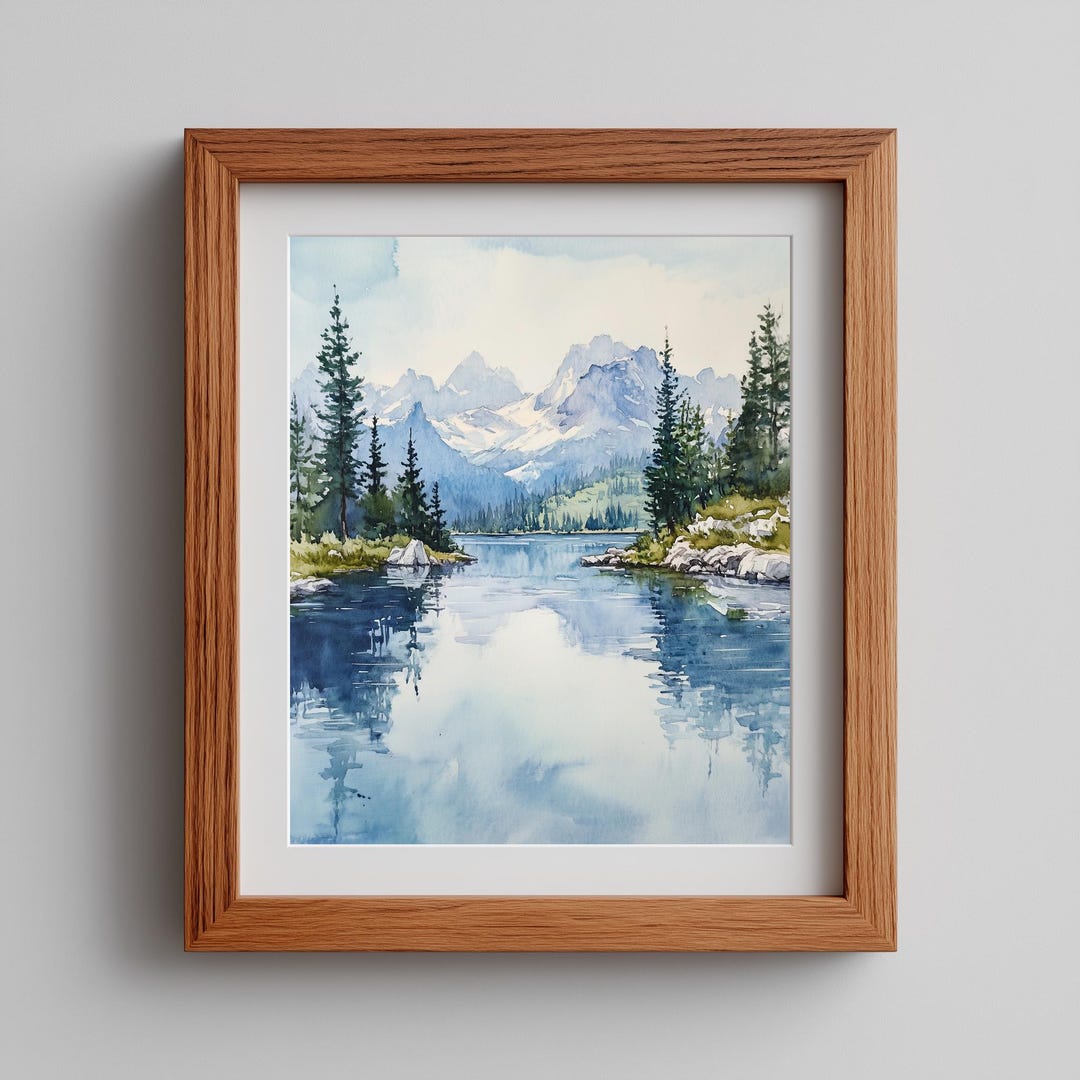 Alpine Lake Art Watercolor Print | Rustic Mountain Landscape Wall Decor ...