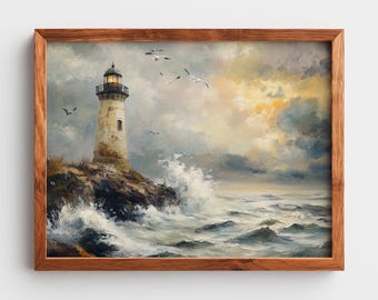 Vintage Lighthouse Seascape Print, Moody Coastal Art (Digital Download)