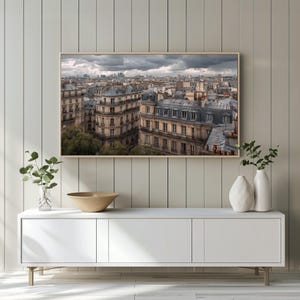 Vintage parisiska takåsar med ram-TV-konst, klassisk stämningsfull stadslandskapskonst för ram-TV, neutral europeisk urban inredning, digital nedladdning 1085