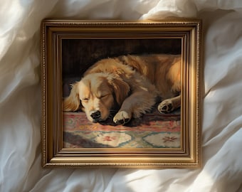 May include: A framed painting of a sleeping golden retriever dog. The dog is lying on a patterned rug, with its eyes closed. The frame is gold-colored and rectangular.