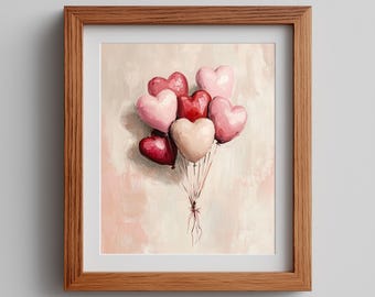 Puede incluir: Impresión enmarcada que presenta un ramo de globos en forma de corazón en tonos rosas y rojos. Los globos están atados con cuerdas sobre un fondo suave y texturizado. La obra de arte está dentro de un marco de madera.