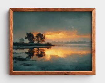 May include: A framed landscape art print featuring a serene lake scene at sunset. The artwork depicts trees reflected in the water, with a vibrant orange and yellow sky contrasting against the darker water and frame.
