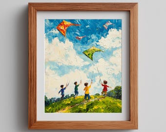 凧揚げの子供達の版画：健全な子供時代の芸術 - Etsy 日本
