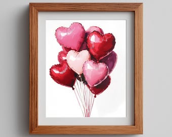 Puede incluir: Impresión enmarcada que muestra un ramo de globos con forma de corazón en tonos rojos, rosas y morados. Los globos están atados con cuerdas, creando una imagen romántica. La impresión está enmarcada en madera.