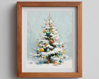 Lámina vintage de árbol de Navidad - Arte mural navideño nevado (Descarga digital)