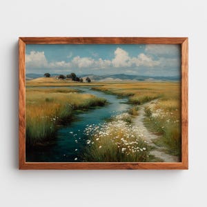 Rustic Marshland Landscape Painting - Serene Creek Scene, Countryside Footpath, Cottagecore Wall Art, Printable Digital Art 1081