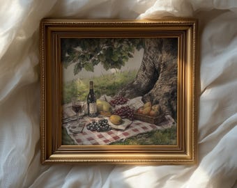 Rustic Picnic Art with Wine and Fruit - Cottagecore Vintage Pastoral Scene, Illustrative Picnic Decor, Colored Pencil Printable Download 422