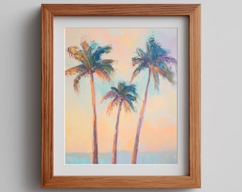 Könnte beinhalten: Gerahmter Kunstdruck mit einer impressionistischen Malerei von drei Palmen. Das Kunstwerk verwendet Blau-, Grün-, Orange- und Gelbtöne mit einer hellblauen Horizontlinie. Der Rahmen ist aus Holz.