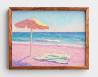 Impresión de playa de arena rosa: Arte vintage con sombrilla costera (descarga digital)