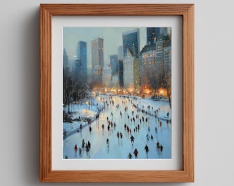 May include: A framed painting of a winter city park scene. The artwork shows a crowd of people walking on a snowy path, with tall buildings in the background. The painting is in a wooden frame.