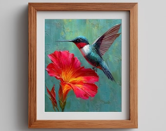 Hummingbird and Hibiscus Art Print – Tropical Botanical Painting (Digital Download)