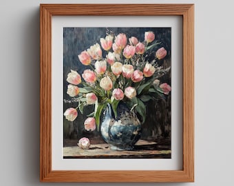 Stimmungsvolle Vintage Tulpenblumenstrauß-Wand-Kunst - dunkle Blumenstillleben-Malerei, romantische Weinleseblumen-Druck, impressionistisches druckbares Dekor 594