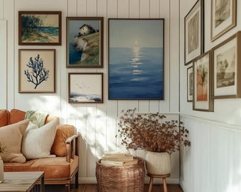 Gallery Wall Coastal Landscape Art Prints, Beach Cottage Watercolor Set (Digital Download)