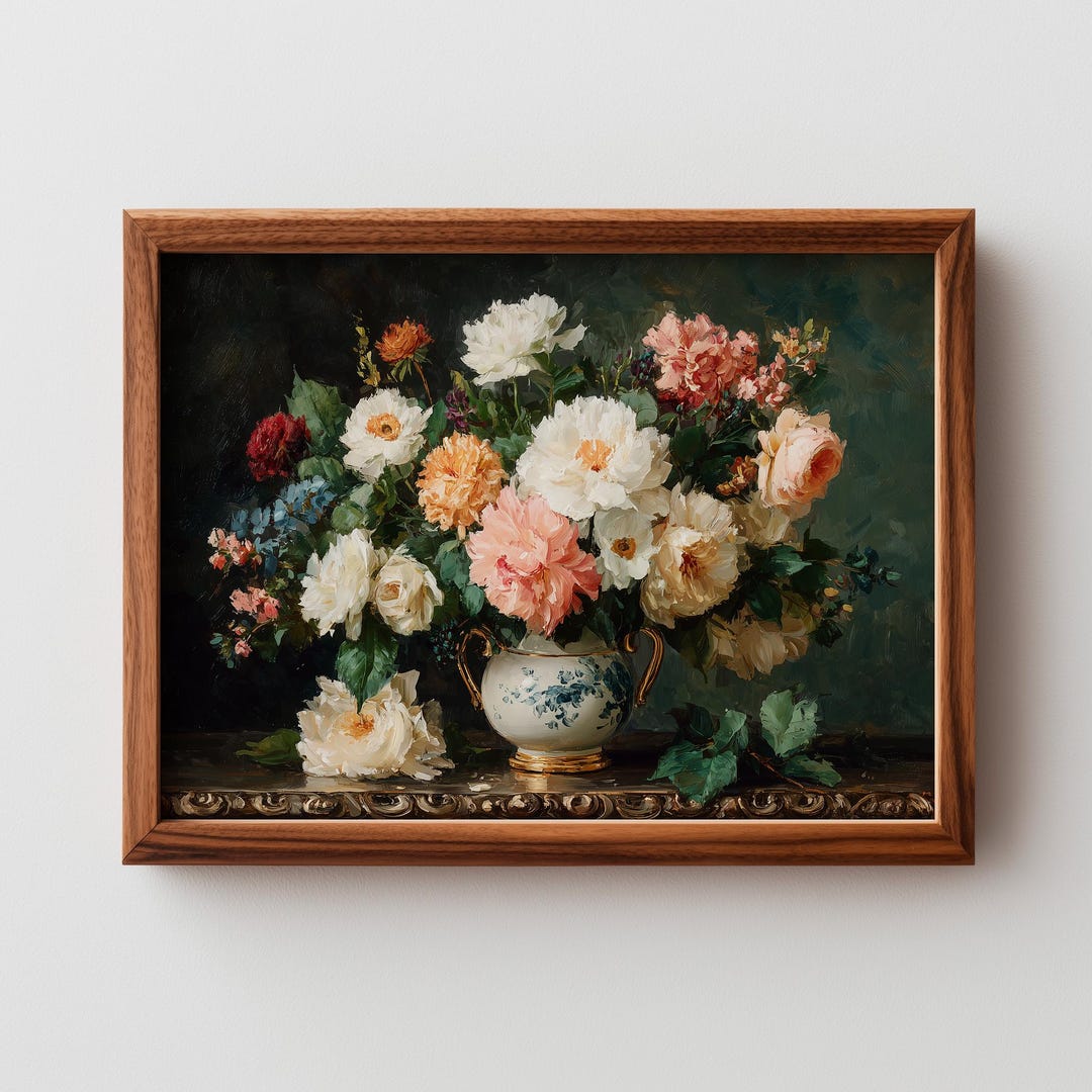 Vintage Floral Still-life Art Print – Romantic Roses Bouquet (digital ...
