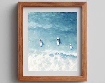 Surfers Waiting from Above Printable - Minimalist Summer Beach Art, Nautical Coastline Scene, Muted Blue Surf Painting, Digital Print 817