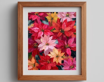 May include: A framed painting featuring a vibrant arrangement of poinsettia flowers in shades of red, pink, and yellow. The artwork is displayed in a wooden frame, adding a touch of warmth to the floral composition. The painting's style appears to be impressionistic.