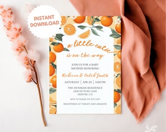 Little Cutie Baby Shower Invitation Template | Orange Baby Shower Invite | Editable & Printable Template | Instant Download