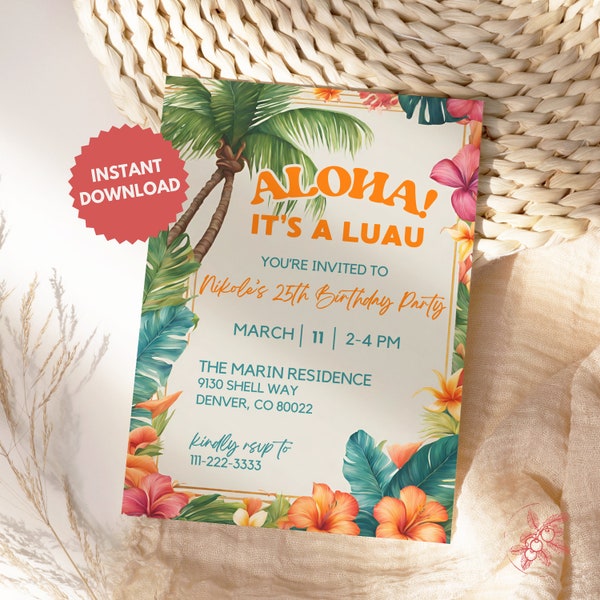 Luau Birthday Invitation Template | Tropical Hawaiian Birthday Invite | Editable and Printable Instant Download | Summer Birthday