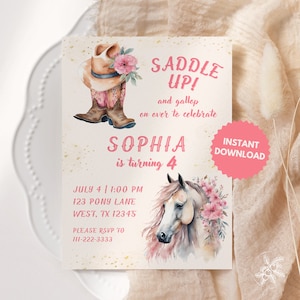 Saddle Up Birthday Party Invitation Template | Horse Birthday Invite | Editable Girls Birthday Template | Instant Download