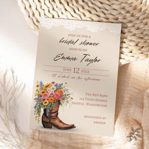 Boot Bouquet Bridal Shower Invitation Template | Floral Cowboy Boot Invite | Editable Instant Download | Country Chic | Flowers and Lace
