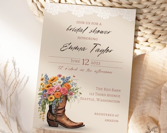 Boot Bouquet Bridal Shower Invitation Template | Floral Cowboy Boot Invite | Editable Instant Download | Country Chic | Flowers and Lace