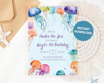 Under the Sea Birthday Party Invitation Template | Editable Jellyfish Birthday Invite | Instant Download | Printable Template