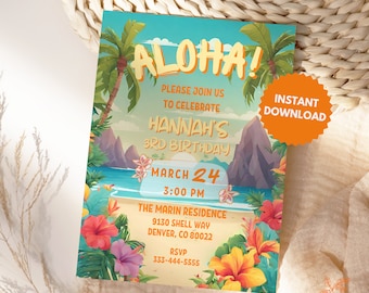 Aloha Birthday Party Invitation Template | Tropical Summer Birthday Invite | Editable and Printable Instant Download | Kids Birthday