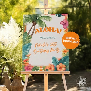 Plantilla de póster de cumpleaños de Luau / Póster de cumpleaños hawaiano tropical / Descarga instantánea editable e imprimible / Letrero de bienvenida de cumpleaños de Aloha
