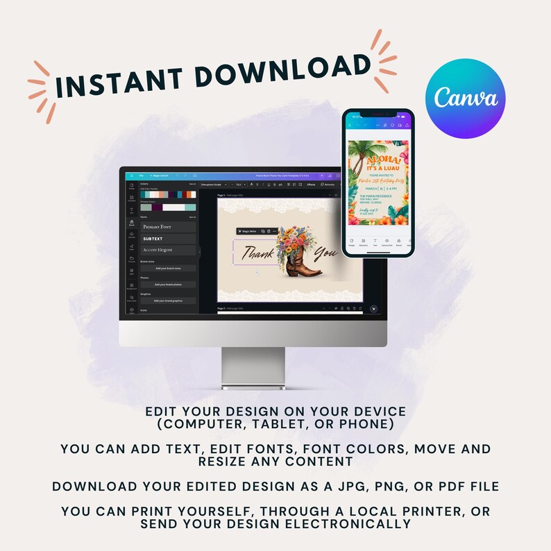 May include: A computer screen displaying a Canva design template with a floral and cowboy boot design. The text "Thank You" is visible on the template. The screen is surrounded by text that reads "INSTANT DOWNLOAD" and "EDIT YOUR DESIGN ON YOUR DEVICE (COMPUTER, TABLET, OR PHONE)". The text "YOU CAN ADD TEXT, EDIT FONTS, FONT COLORS, MOVE AND RESIZE ANY CONTENT" is also visible. The text "DOWNLOAD YOUR EDITED DESIGN AS A JPG, PNG, OR PDF FILE" is visible. The text "YOU CAN PRINT YOURSELF, THROUGH A LOCAL PRINTER, OR SEND YOUR DESIGN ELECTRONICALLY" is also visible.
