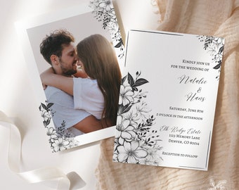 Black & White Floral Wedding Invitation Template | Tropical Flower Double-sided Invite | Editable and Printable Instant Download