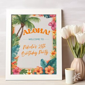 May include: A white framed sign with a tropical theme. The sign says "Aloha! Welcome to Nikole's 25th Birthday Party". The sign is decorated with palm trees, flowers, and leaves.