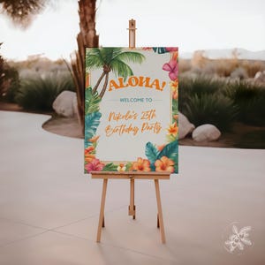 May include: Aloha! Welcome to Nikole's 25th Birthday Party. A tropical-themed welcome sign with palm trees, flowers, and a gold frame.