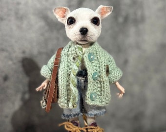 Artist Teddy  Doll.Collectible artist Teddy.Artist Dog OOAK Poseable Art Doll, Fashion Dog Dolls Collectible, Cute Terrier Dog Figurine Doll